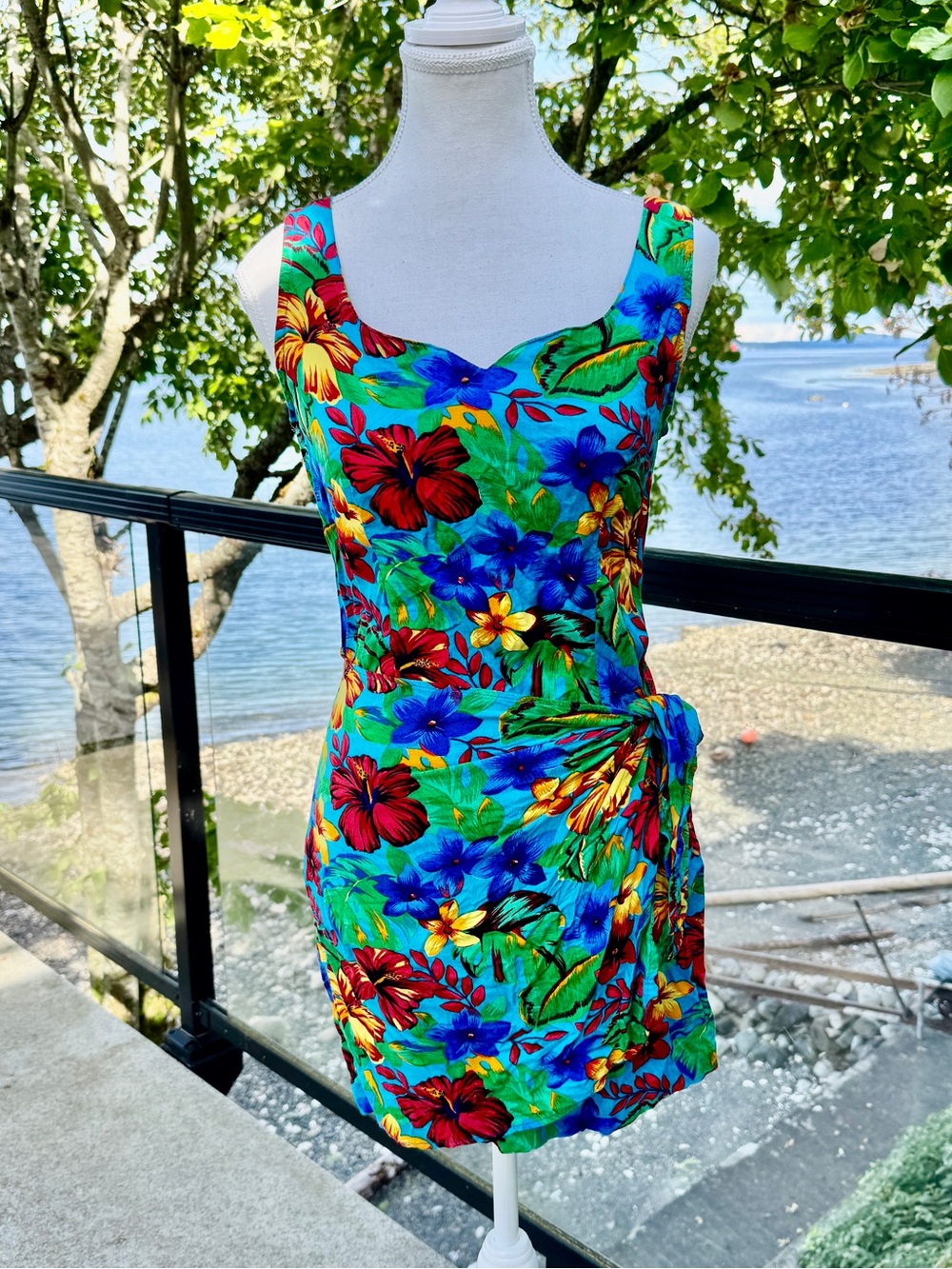 Vintage 90s Hawaiian Tropical Tiki Floral Print Mini Faux Wrap Dress